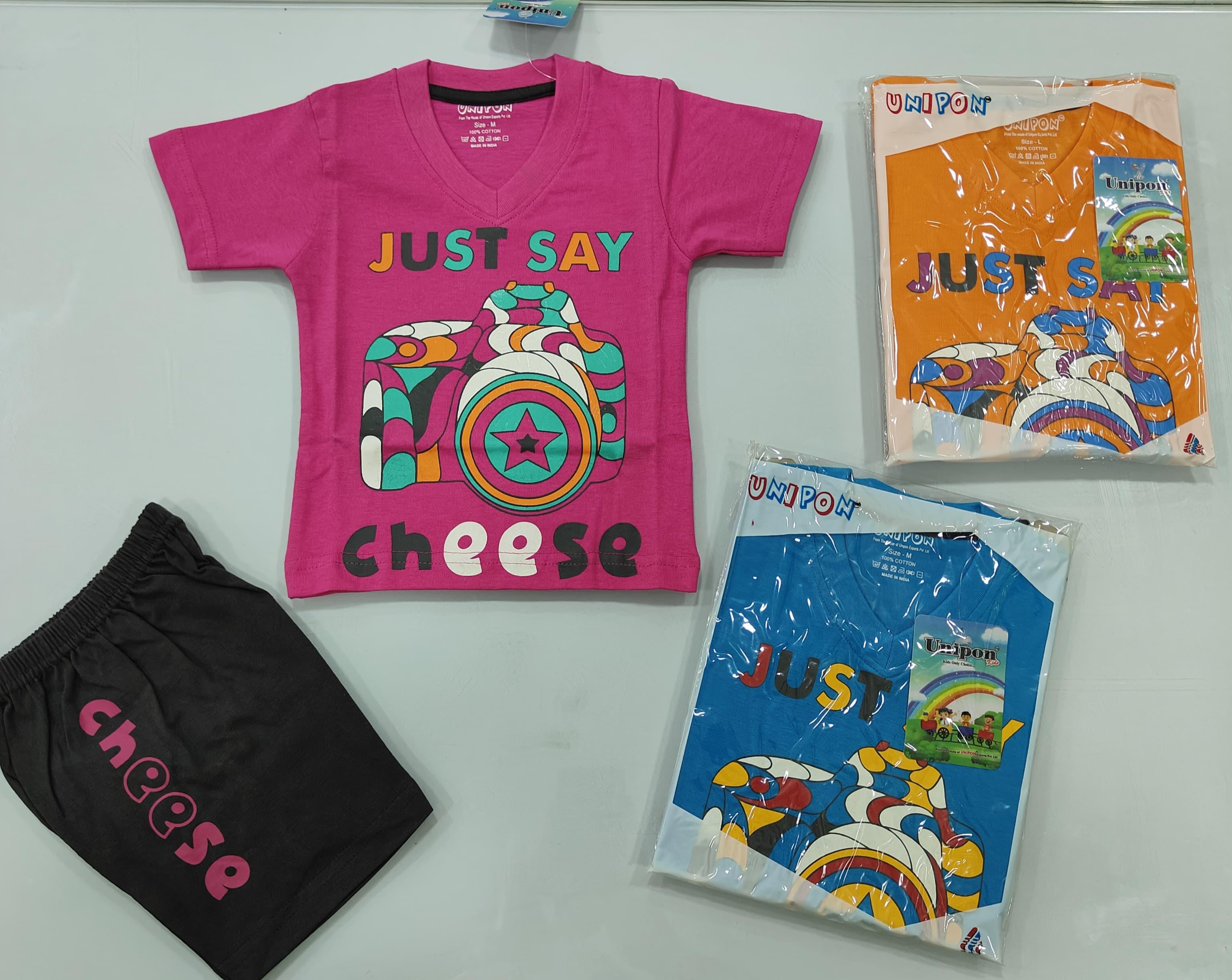 Summer Night Suit Set of 3 Colors Just Say Cheese Camera Print V-Neck T-Shirt & Shorts set of 6 pieces